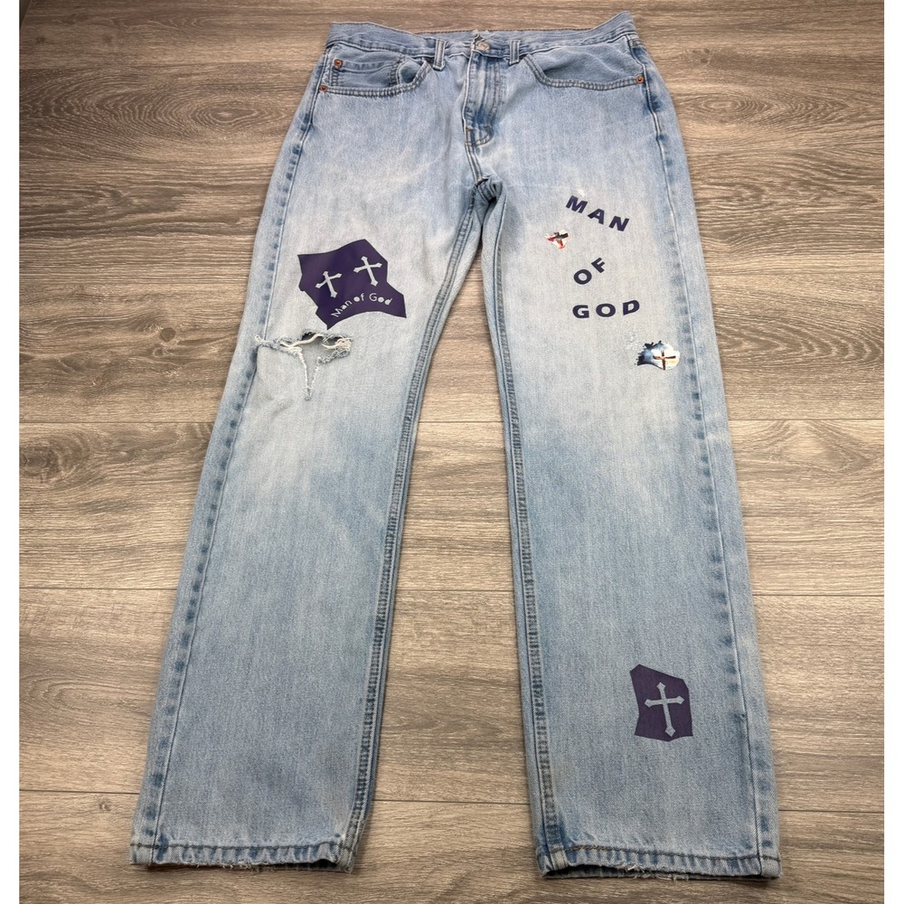 Levis 505 Jeans Mens 32x30 Light Wash Distressed Man Of God Custom Straight Leg